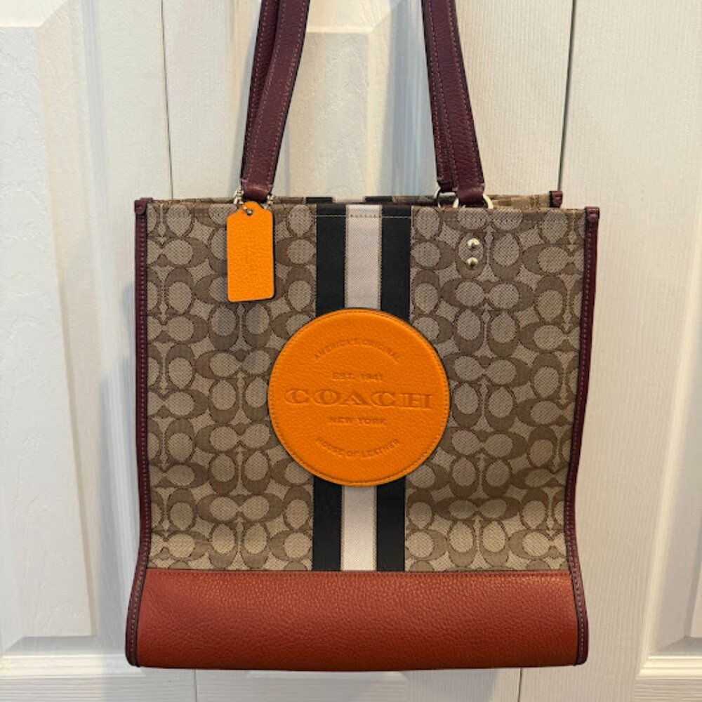 Coach Dempsey Tote Signature Jacquard with Strip and Orange tan Coach patch